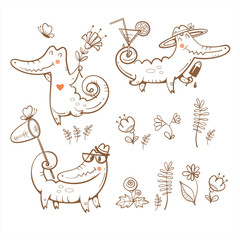 Naklejka premium Zestaw kreskówka krokodyle. Czas letni. Motyle i kwiaty. Lody i koktajle. Grafika wektorowa. Rysunek konturowy.