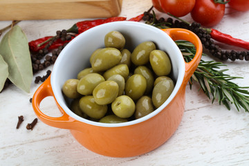 Green olives in the bowl