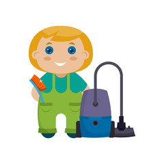 Cartoon character little girl with vacuum cleaner