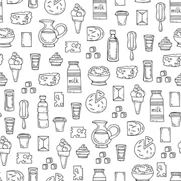 Vector seamless pattern with hand drawn isolated dairy products,milk on white color