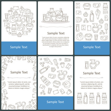 Vector set of prepared cards with hand drawn dairy products, milk