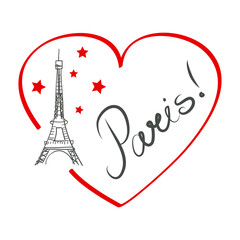 Paris, heart, line hand drawn illustration