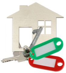 maison, clés et porte-étiquette sans marquage, fond blanc