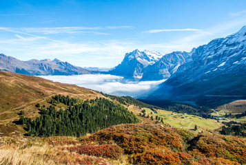 Landscape of Swiss alps over clouds above Grindelwald, Switzerland.