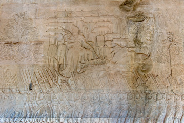 Bas relief elephant and soldiers from Angkhor Wat, Cambodia