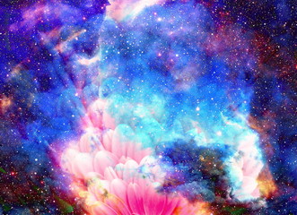 Fototapeta na wymiar Space and stars with flower, color galaxi background, computer collage.