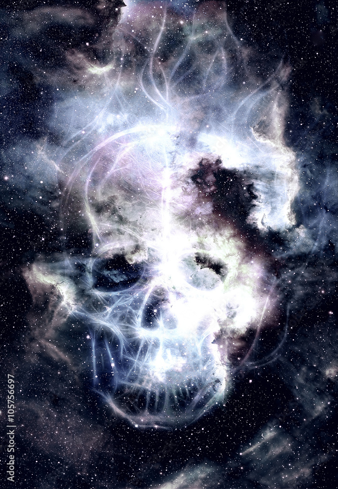 Poster skull and fractal effect. color space background, computer collage. elements of this image furnished