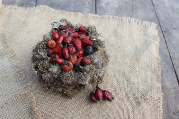 Basket of burdock seeds and rose hips