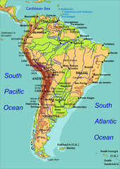 Map of South America. The names of countries, cities and rivers are on the isolated layer. Vector illustration