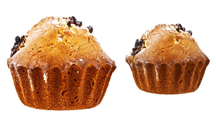 Two muffins with raisins on a white background