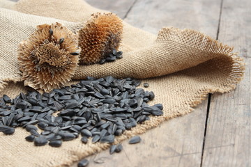 Dry flower and sunflower seeds on a sacking