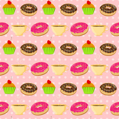 Vector seamless pattern with colorful donuts, muffins and tescup