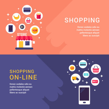 Shopping and Shopping Online Concept Illustration. Web Banner Template. Vector Flat Style Illustration and Icons