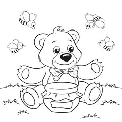 Cute cartoon bear with honey and bees. Black and white vector illustration for coloring book