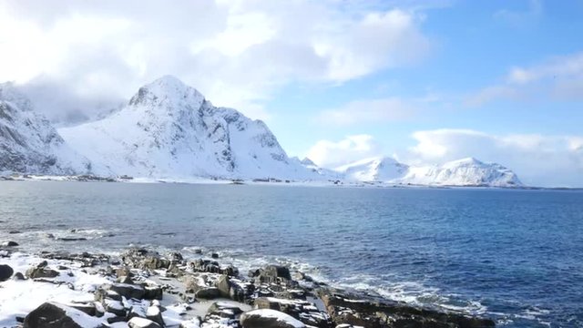 Village of Flakstad in the Lofoten archipel in Norway during a beautiful winter day