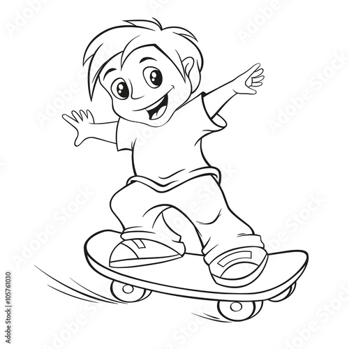 "Skateboarding boy for coloring book. Black and white vector