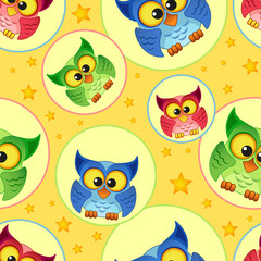 Seamless pattern with owls and stars