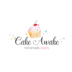 Vector logo, cake homemade bakery icon, tasty confectionery sweets. Design element, cherry on top.