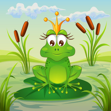 Princess frog sitting on leaf of water lily
