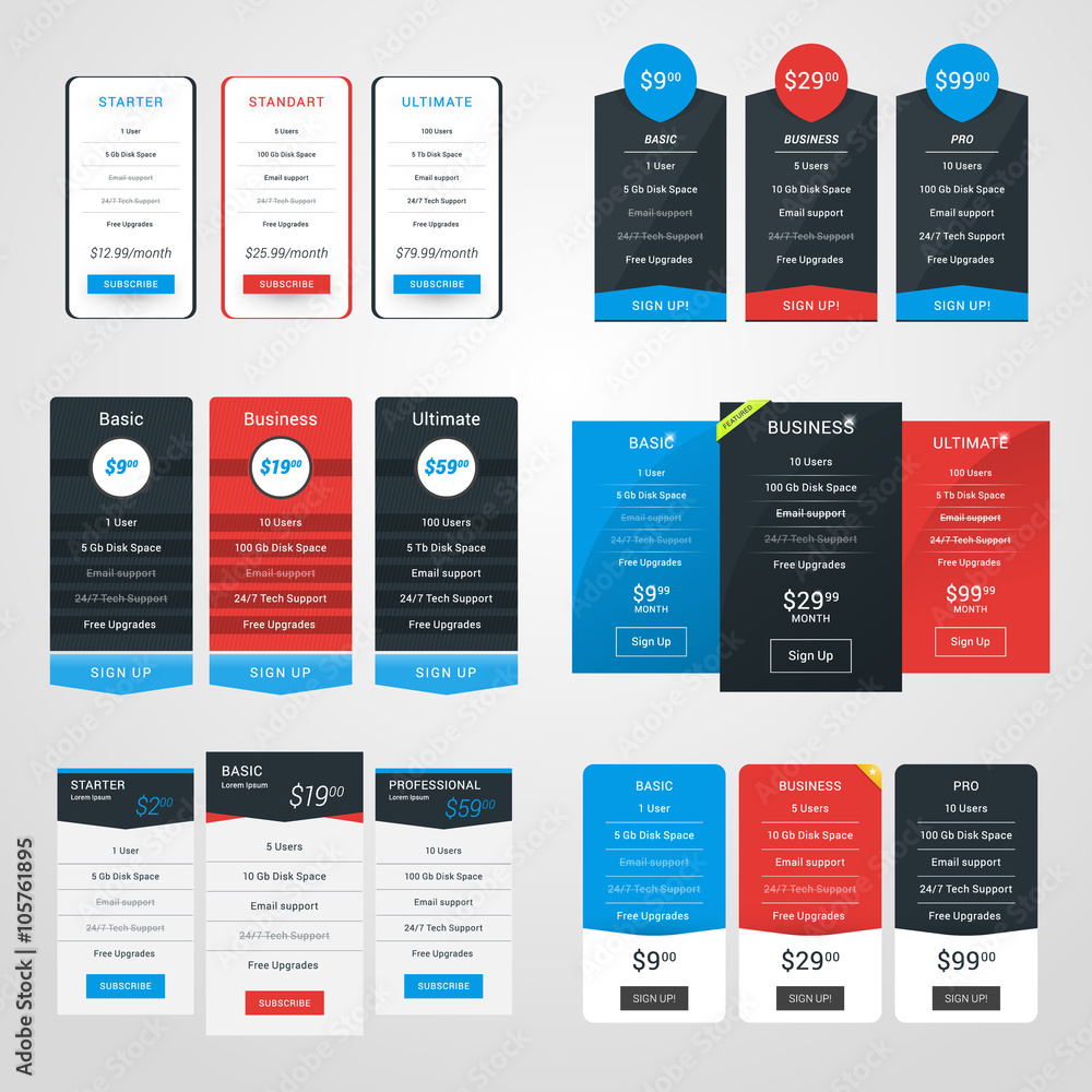 Wall mural set of pricing table design templates for websites and applications. flat style vector illustration
