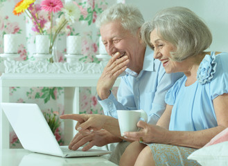 Obraz premium happy senior couple with laptop