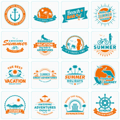 Naklejka premium Set of Summer Holidays Design Elements. Hipster Vintage Logotypes and Badges. Beach Vacation, Party, Journey