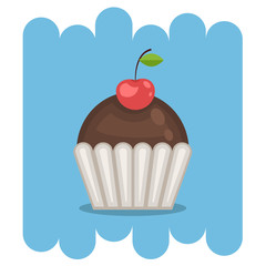 Cartoon Dessert.Chocolate cupcake icon with cherry.Chocolate muffin vector .Chocolate muffin isolated on blue background.Chocolate cupcake dessert. Vector Chocolate sweet.Chocolate sweet food.