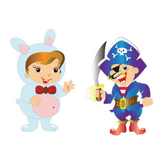 Pirate with sword and smiling boy in a costume of a rabbit on a white background