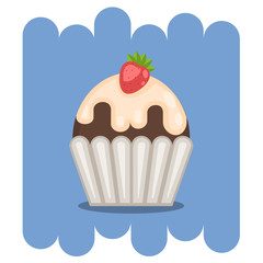 Muffin.Chocolate muffin icon with strawberry and cream.Chocolate cupcake vector.Chocolate muffin isolated on blue background.Chocolate cupcake dessert. Vector Chocolate sweet.Chocolate food.