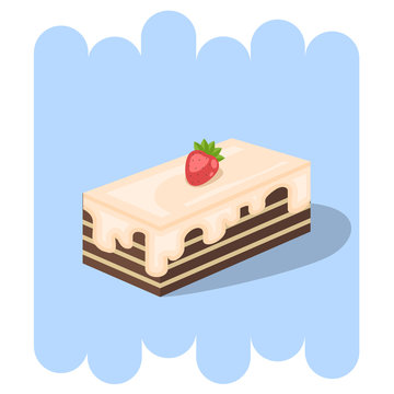 Cartoon cake.Chocolate cake icon with strawberry and cream.Chocolate cupcake vector.Chocolate muffin isolated on blue background.Chocolate cupcake dessert. Vector Chocolate sweet.Chocolate food.