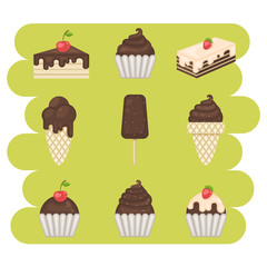 Dessert.Chocolate sweets icons set.Chocolate sweets vector .Chocolate sweets isolated on white background.Chocolate dessert. Vector Chocolate sweets.Chocolate sweet food 