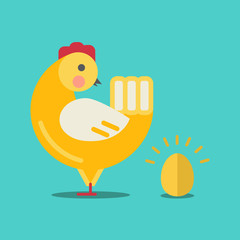 Cute cartoon chicken and gold egg.Cartoon chicken vector bird flat style.Chicken bird isolated on background.Chicken farm bird.Vector Cute Chicken character farm animal bird.Golden egg