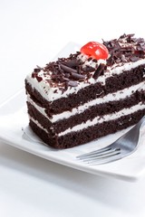 Close up of Black forest cake on white background
