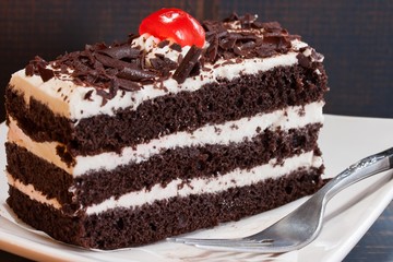 Close up of Black forest cake on white background