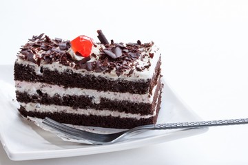 Close up of Black forest cake on white background
