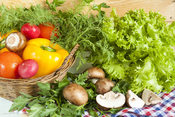 Fresh vegetables covered with water drops in basket. Organic Tomatoes pepper radishes dill parsley mushrooms champignonand vibrant green lettuce from the market.