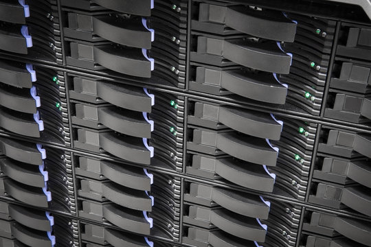 Close up of hard drives in large enterprise SAN storage