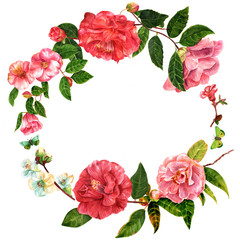 Vintage decorative wreath with watercolor flowers and butterflies