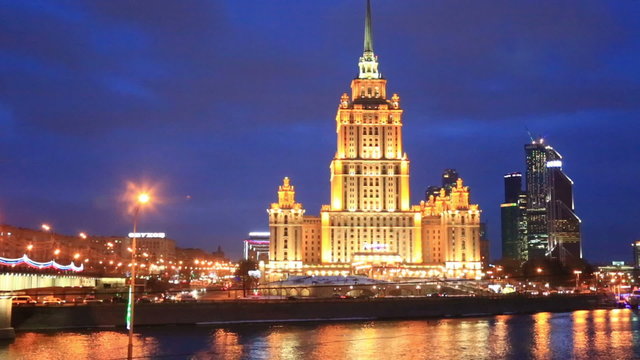  Radisson Royal Hotel (Hotel Ukraina) in night situated on Moscow River embankment.