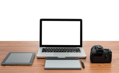 Fototapeta premium DSLR digital camera with tablet and notebook laptop