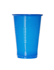 Close-up image of a blue disposable cup against on white.