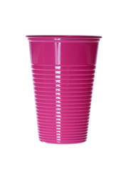Pink plastic cup isolated on white.