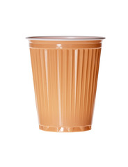 Orange plastic cup on white background.