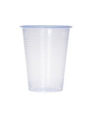 Blue empty transparent plastic cup isolated on white.