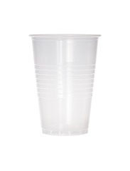 Empty transparent plastic cup isolated on white.