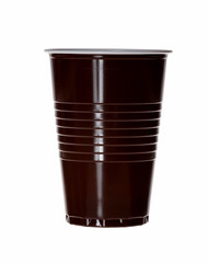 Brown empty plastic cup isolated on white.