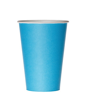 Blue disposable paper cup isolated on white.
