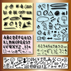 doodle set of business, alphabet, numbers, shape hand drawn elements
