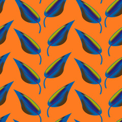 Pattern with iridescent  blue leaves. Pattern with fantastic leaves. Bright pattern for a different design