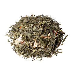 Green flavored tea based on tea Sencha with strawberry, cranberr